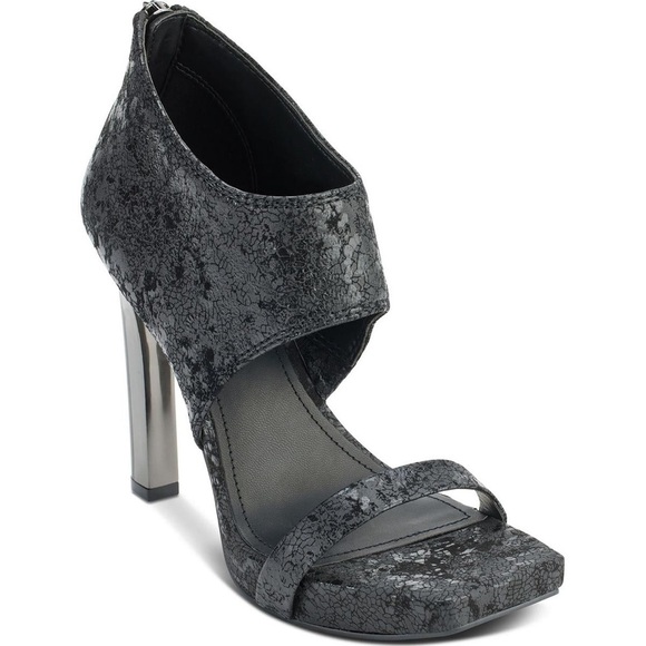 Dkny Black Gray Heels with Textured Straps and Metallic Heel - Picture 1 of 9